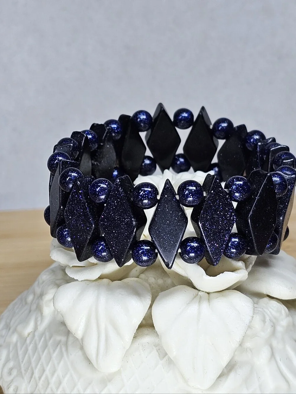 Midnight-Blue Goldstone Sparkling Gemstone Stretch Bracelet Vintage